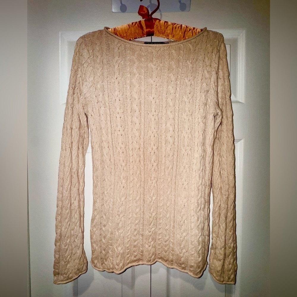 Lauren Ralph Lauren cableknit rolled cuff sweater beige size Medium EUC